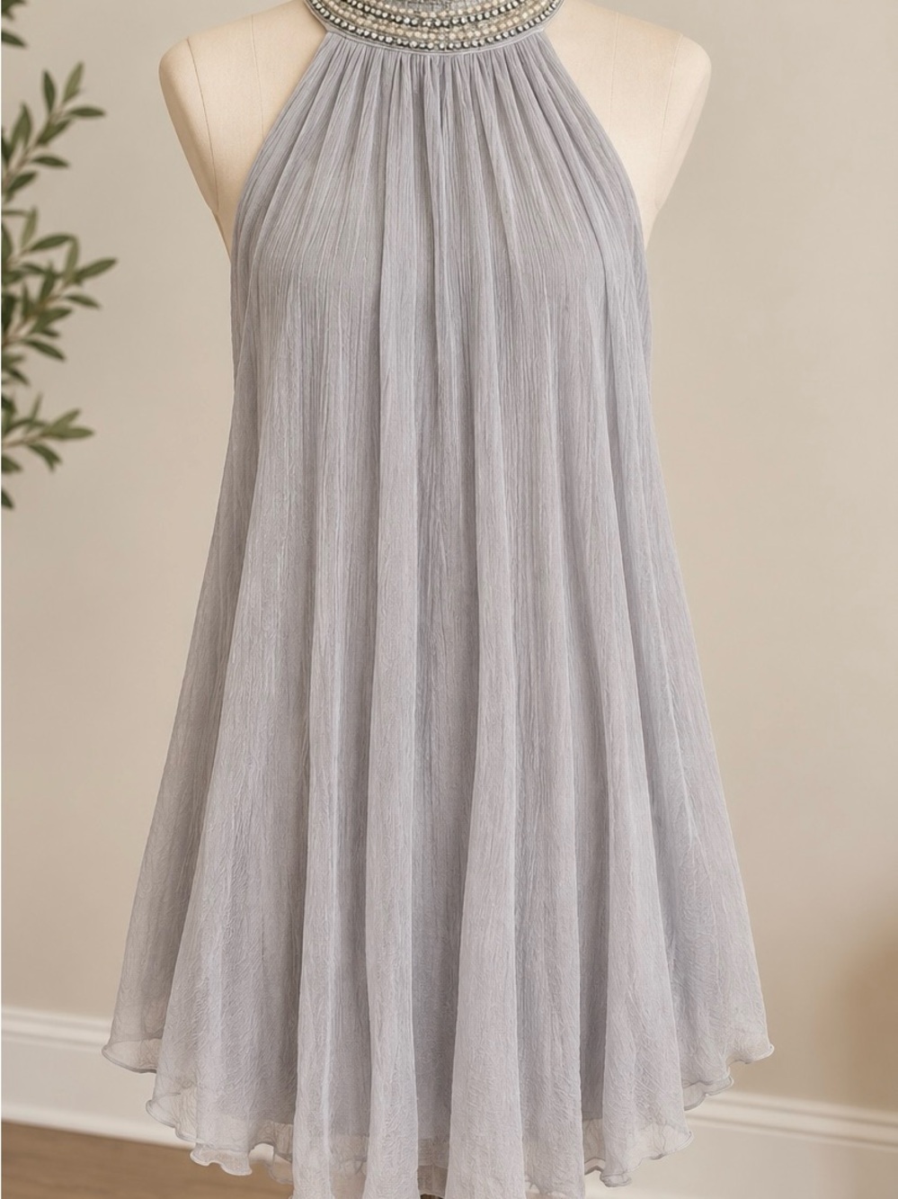 Cache Beaded Halter Mini Dress in Light Gray